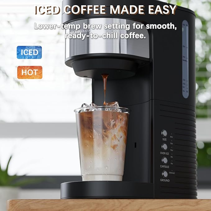 Brewmann Single Serve Hot & Iced Coffee Maker, for K Cup Pod and Grounds, 6 to 24oz Brew Size, Slim Compact for Small Spaces, Descaling Reminder, with Reusable Filters, Black