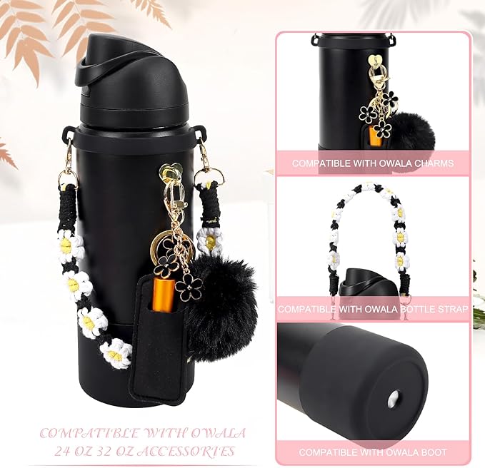 Compatible for Owala Accessories Bundle: Silicone Boot for 24oz & 32oz Bottles, Charms, Handle, Strap, Rubber Bottoms, and Decorative Add-ons for Your Compatible for Owala Water Bottle, Black