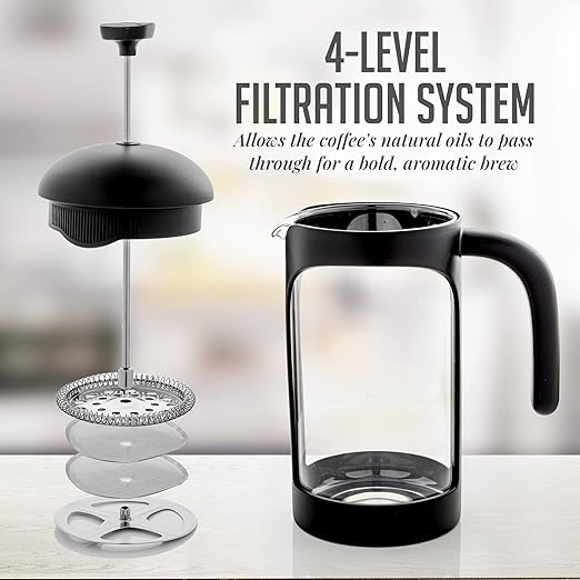 OVENTE French Press Coffee Maker 34 Ounce with Heat Resistant Borosilicate Glass & Stainless Steel 4-Level Filtration System, Portable Cold Brew Coffee Maker for Travel, Camping or Gift, Black FPB34B