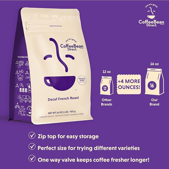 Coffee Bean Direct Decaf French Roast Blend, Whole Bean Coffee, Dark Roast, 1 Pound Bag (Pack of 1)