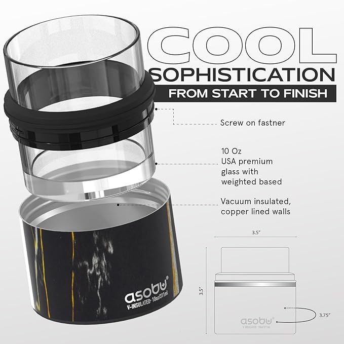 asobu Whiskey Glass with Insulated Stainless Steel Sleeve, 10.5 ounces (Midnight Marble)