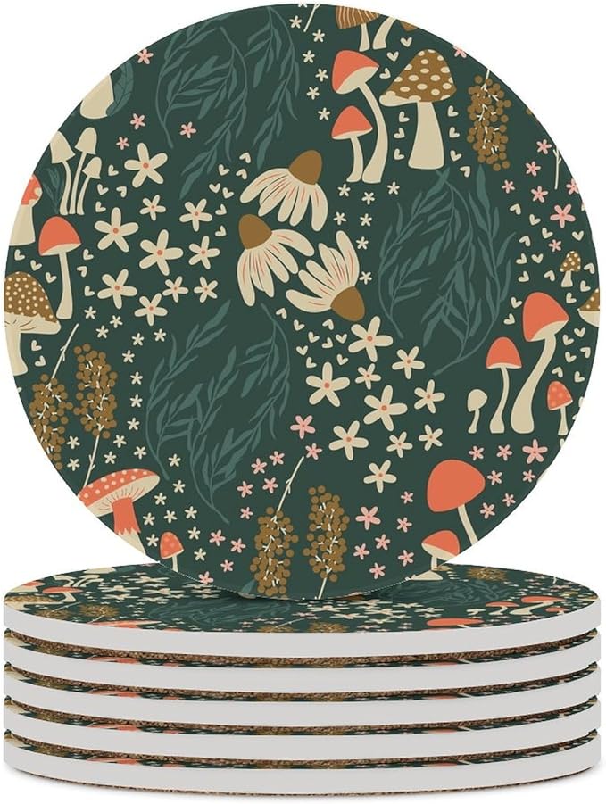 Round-6PCS Botanical Ceramic Coasters, Round Absorbent Drink Coasters, Cartoon Green Botanical Floral Leaves Mushroom Plant Ceramic Table Coasters for Coffee, Beverage, Wine, Beer Coasters