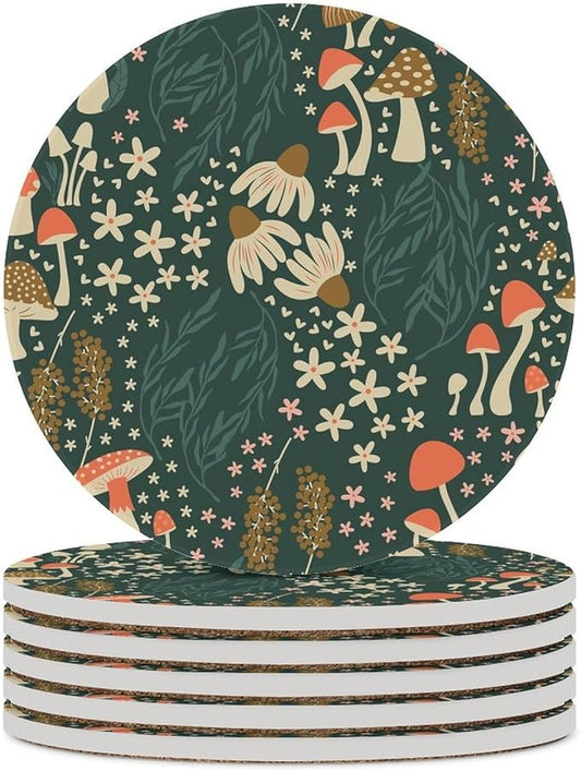 Round-6PCS Botanical Ceramic Coasters, Round Absorbent Drink Coasters, Cartoon Green Botanical Floral Leaves Mushroom Plant Ceramic Table Coasters for Coffee, Beverage, Wine, Beer Coasters