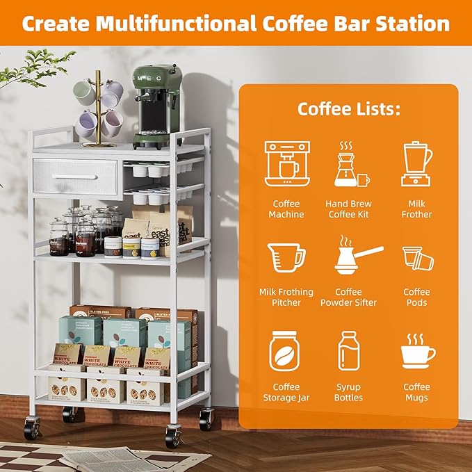 Housolution 4-Tier Coffee Bar Cart with Storage, 33" H Coffee Station Cabinet with Pod Drawers for Nespresso Vertuo, Mini Toaster Oven Stand Table for Home, Kitchen, Living Room (White + Grey)