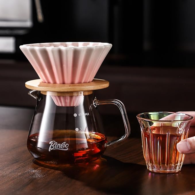 Bincoo 500ML Pour Over Coffee Maker Set with Filter Paper,Ceramic Coffee Dripper with Wood Stand Set for 1-2 Cups-Professional Brewing Tools for Pour Over & Drip for Home Office (Pink)