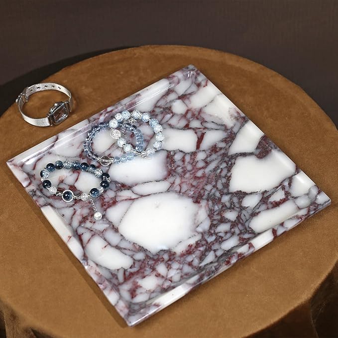 Natural Marble Tray, Coffee Table, Food, Fruit, Paper Cup, Cake Display, Coffee bar, Family Gatherings, Seasonal Holiday Decoration Tray(Viola-Square-9.8"x9.8"x0.7")