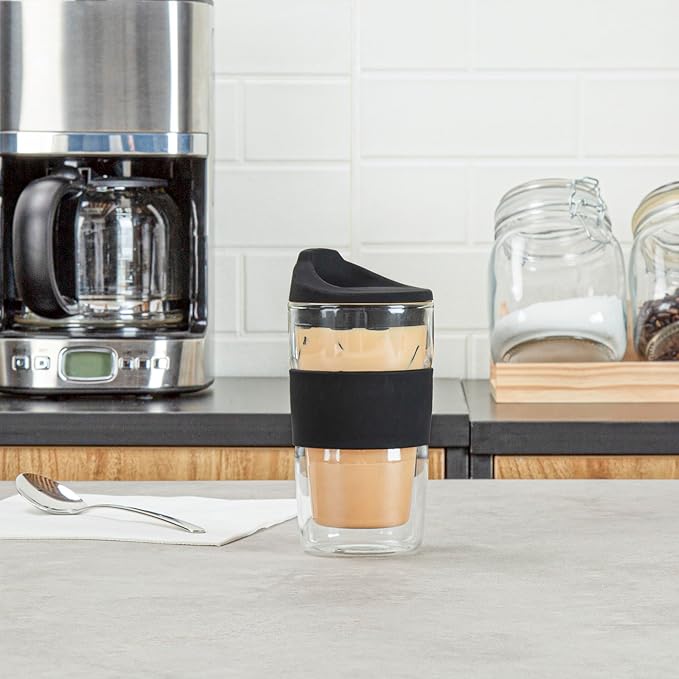 Restaurantware Glass Travel Mug 1 Count 12 Ounce Double Wall Borosilicate Reusable Coffee Cup, Spill-Resistant Black Silicone Lid, Clear Drinkware Mug for Hot and Cold Beverages
