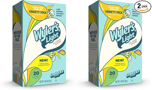 Wyler's Light Singles to Go Powder Packets,Water Drink Mix,Variety Packs,Lime,Banana,Coconut,Mango,Watertok Base Flavors,Sugar & Caffeine Free,On-The-Go, 20 Count (Pack of 2)