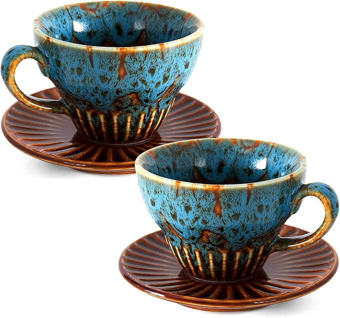 YINUOWEI 2 oz Espresso Cups Set of 2, Ceramic Cappuccino Cups with Saucers, Durable Porcelain Tea Set & Modern Coffee Cup Collection, Coffee Lover Gifts, Glazed Blue