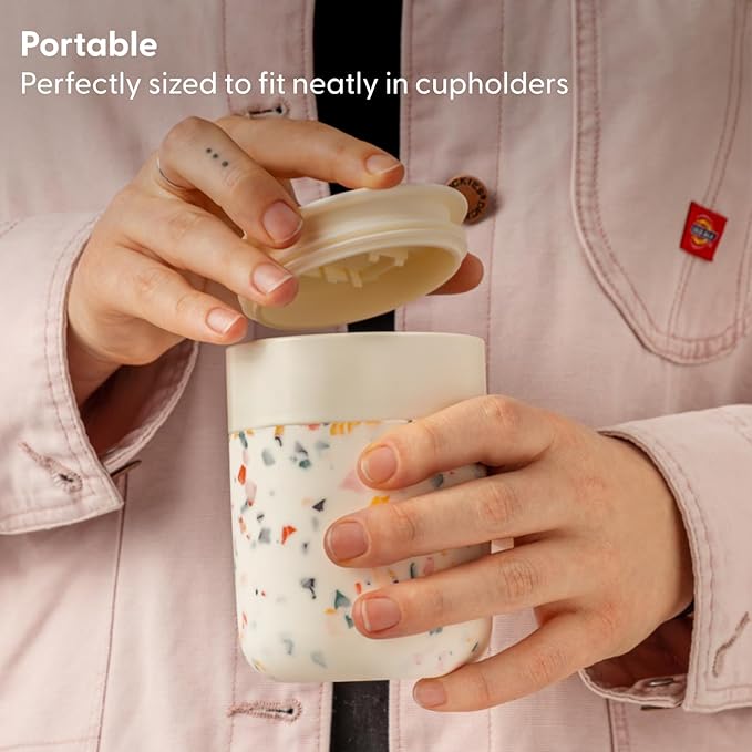 W&P Porter Ceramic Mug w/ Protective Silicone Sleeve, Cream 12 Ounces | On-the-Go | No Seal Tight | Reusable Cup for Coffee or Tea | Portable | Dishwasher Safe (WP-PMC-CM)