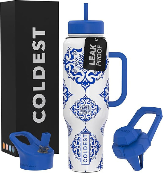 Coldest Tumbler with Handle and Straw - 100% Leak Proof Insulated Tumbler with Lid and Straw (3 Lids) - Stainless Steel Tumblers for Women & Men - Cup Holder Friendly Base, 46 oz (The European)