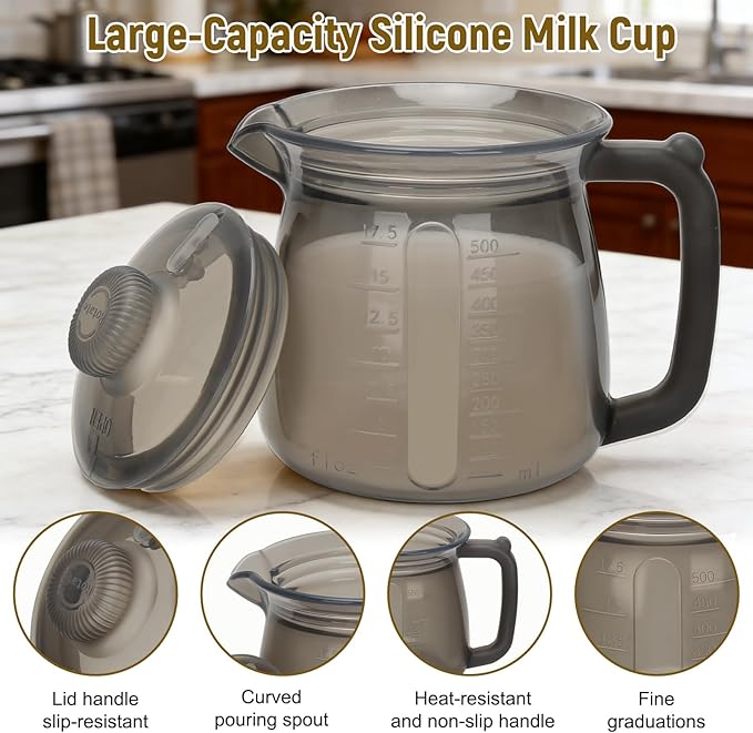 silicone Milk Frothing Pitcher, 500ml/16.9 oz multi-functional Milk Frother Cup with Clear Scale, Coffee Bar Cappuccino Espresso Machine Accessories, Milk Jug Coffee Frother Cup