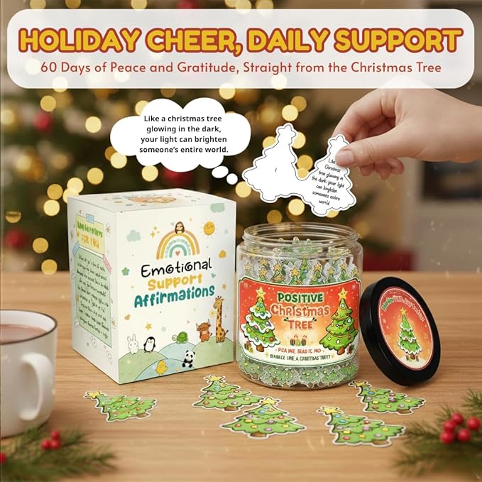 Positive Christmas Tree Jar with 60 Daily Affirmation Cards, Emotional Support Gift, Funny Holiday Decor for Home or Office, Christmas Decorations and Gifts for Women Men Teens and Coworkers