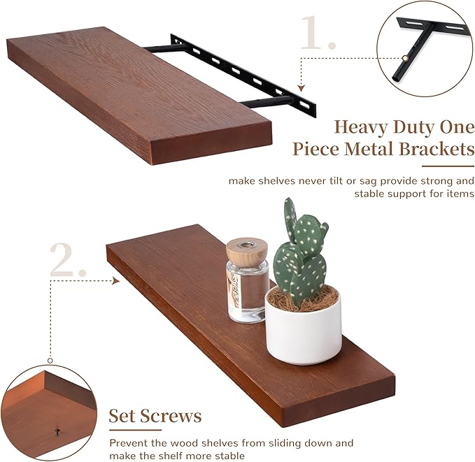 Marsmiles Wood Floating Shelves | 24 Inch Mahogany Wall Shelves Set of 2 | 24" W x 6.7" D Rustic Wooden Shelves for Bathroom Kitchen Living Room Bedroom