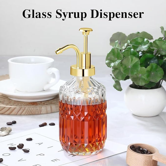 Glass Coffee Syrup Dispenser 13.5oz, Syrup Bottles with Luxurious Diamond Texture, Gold Syrup Pump, Coffee Bar Accessories, Kitchen Decoration (2)
