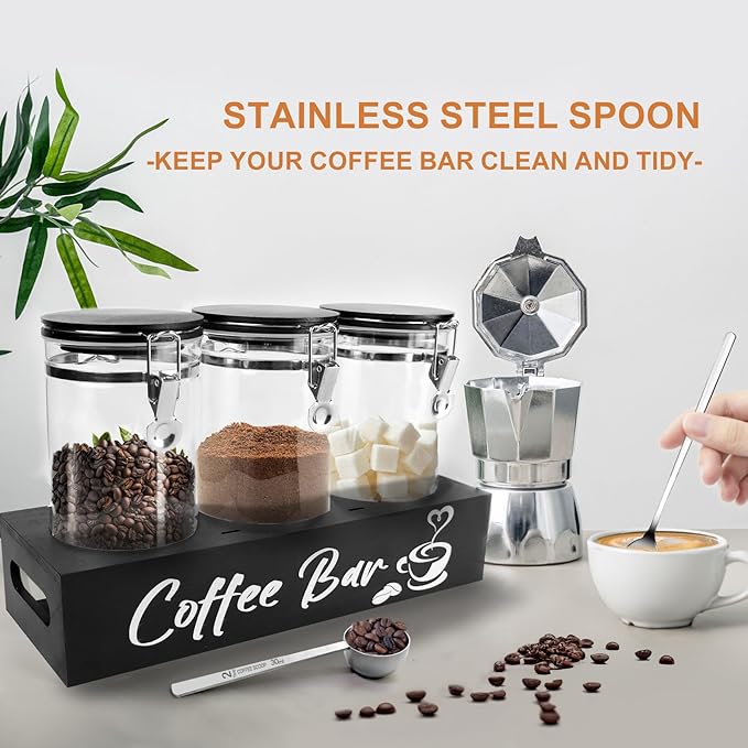 Glass Coffee Containers with Shelf Coffee Station Organizer 54oz Black Glass Coffees Bean Storage Canister with Spoon Coffee Canister Set Kitchen Food Storage Jars for Coffee/Sugar/Candy