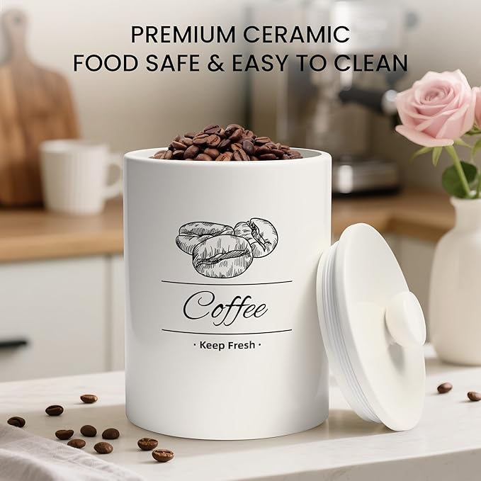 Airtight Coffee Canister - 66 fl oz / 2L Large White Ceramic Coffee Container Airtight - 5.5'' Round × 8.2'' Tall Coffee Bean Storage - Stylish Ceramic Coffee Jar With Lid for Grounds & Beans