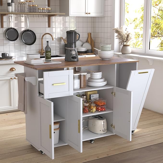 Rolling Kitchen Island Cart on Wheels,59" Mobile Island Carts with Folding Drop Leaf & 2 Storage Cabinet,Portable Prep Table with Drawer & Trash Storage Cabinet for Kitchen,White