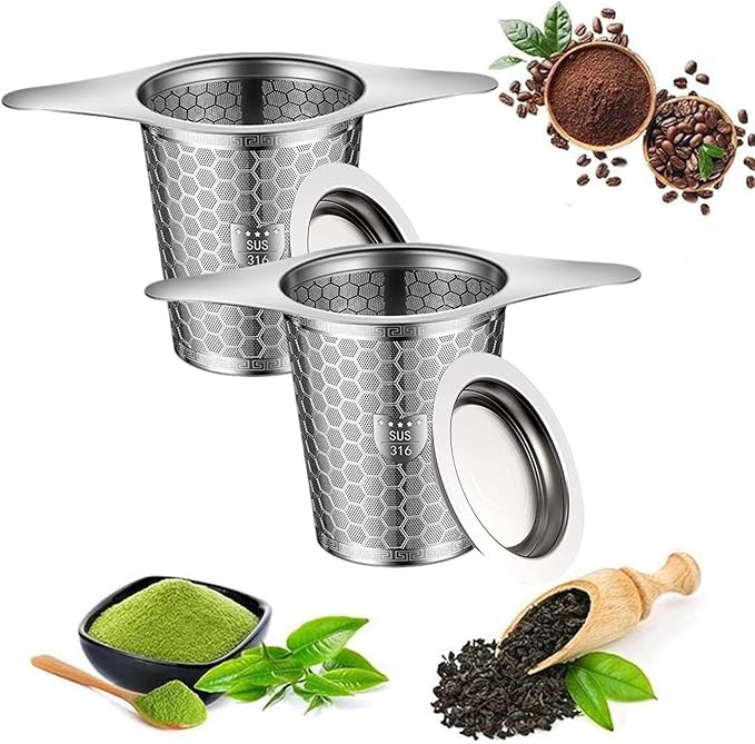 SUS 316 Grade Stainless Steel Tea Infuser - 2 Pack, Fine Mesh, Hexagonal Mesh Pattern With Wide Rim Loose Leaf Tea Steeper