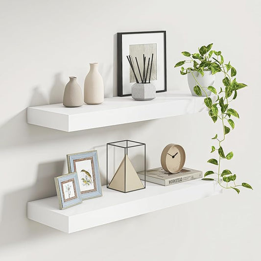 Fun Memories White Floating Shelves for Wall, 30 x 9 Inch Floating Shelf Set of 2, Rustic Natural Wood Wall Shelves, 9" Deep White Bathroom Shelves for Storage & Display