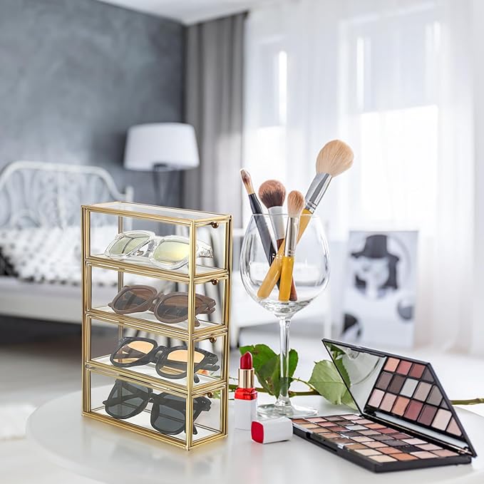 ELLDOO Coffee Pod Holder with 4 Drawers, Gold Glass Coffee Pod Organizer for K Cup Espresso, Clear Coffee Capsule Storage Holder for Coffee Bar Office Home Coffee Station Counter
