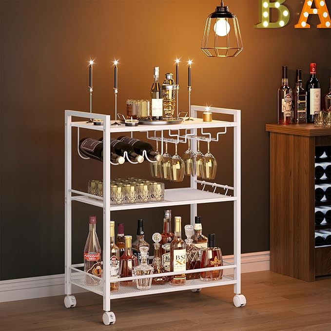 Bar Cart, Home Bar Serving Cart with 3-Tier Shelf,Microwave Cart with Lockable Wheels,Mobile Kitchen Shelf,Rolling Beverage Cart with Wine Rack and Glass Holder for Kitchen,Dinning Room,White