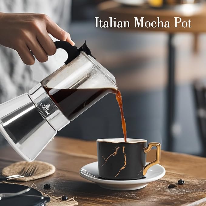 LAOION 9-Cup Moka Pot - Crystal Glass Top, Stainless Steel, Induction Compatible, 360ml