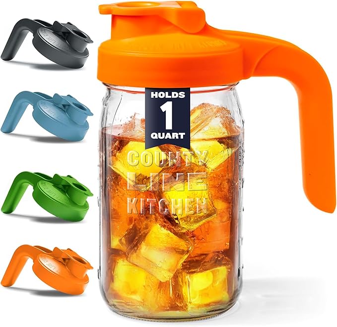 County Line Kitchen Glass Mason Jar Pitcher with Lid - Wide Mouth, 1 Quart (32 oz) - Heavy Duty, Leak Proof - Sun & Iced Tea Pitcher, Cold Brew Coffee, Breast Milk Storage, Water - Sunrise Orange