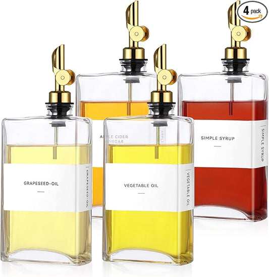 4 Pcs Olive Oil Dispenser for Kitchen, Glass Olive Bottles Oil Seasoning Bottle Set Coffee Syrup Soy Sauce Dispenser (Gold,350 ml)
