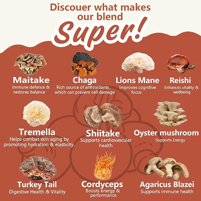 Mushroom Probiotic Coffee Creamer, 10 Mushrooms Creamer with Probiotics, Lion’s Mane, Cordyceps, Reishi, Turkey Tail, Shiitake for Gut, Digestion, Gluten Free 21 Serving