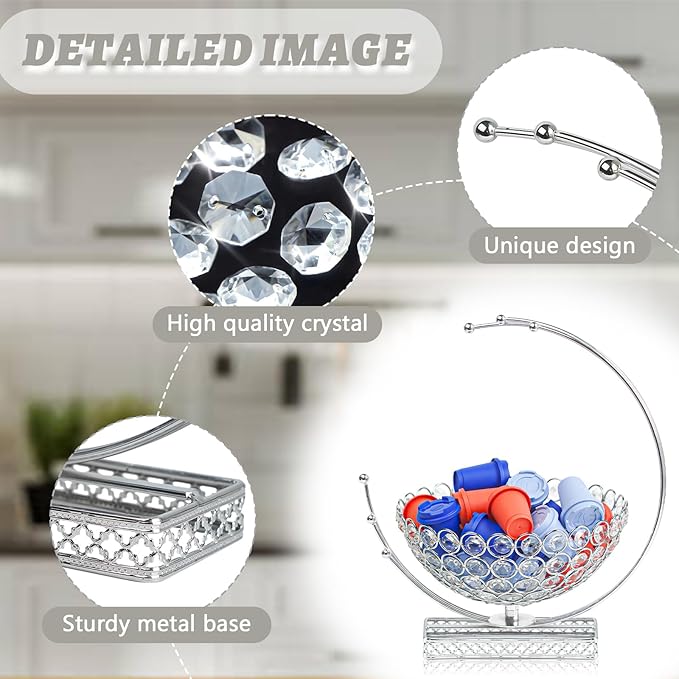 Metal & Crystal Coffee Pod Holder & Candy Basket - Elegant Multipurpose Storage Organizer for K Cups, Espresso Pods, Treats - Kitchen, Office, Home Bar (Silver, 2 PCS)