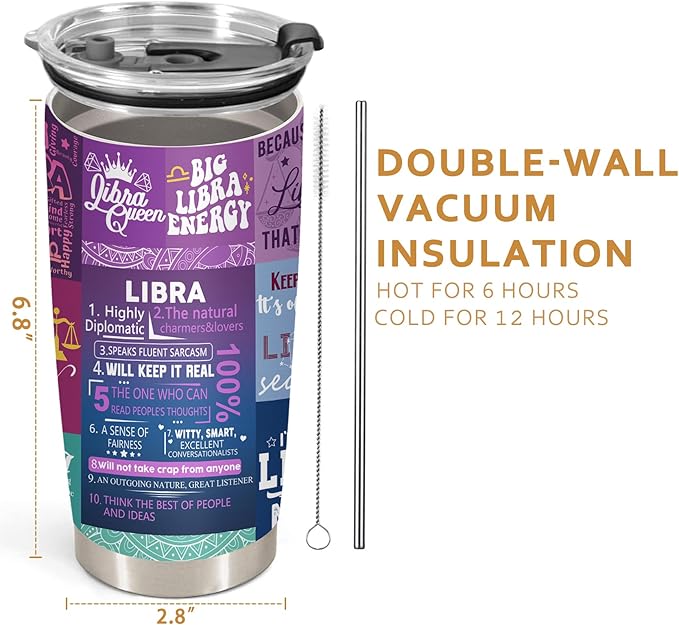 Libra Zodiac Tumbler - Birthday Gift for Women, Astrology Gothic Witchy Constellation Insulated Coffee Mug With Lid and Straw, Purple, 20 OZ