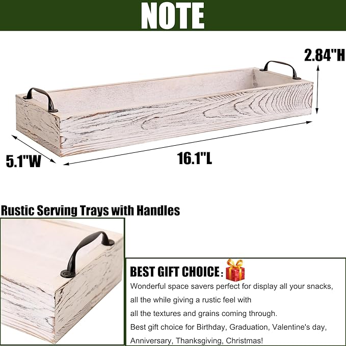 Rustic Wooden Serving Trays Rectangular with Handle,Ottoman Tray for Living Room 16 Inch Long for Serving Wine(whitewashed)
