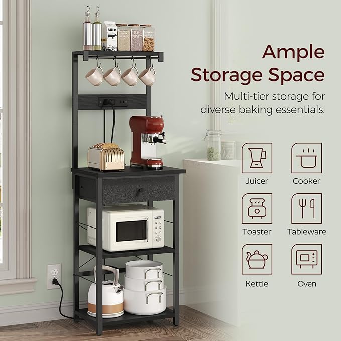 Bakers Rack with Drawer, Microwave Stand with Power Outlet, Coffee Bar Station with 4 Hooks, Kitchen Storage Shelf Rack 4 Tiers, for Kitchen, Dining Room, Black BRBK48E01