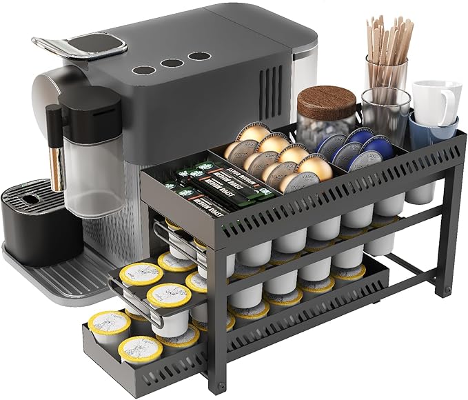 Coffee Pod Holder for K Cups with 3 Tier Slidng Storage Drawer and 4 Coffee Accessories Baskets on The Top, K Cups Save Space Organizer for Home Office Cafe Counter and Kitchen, Black