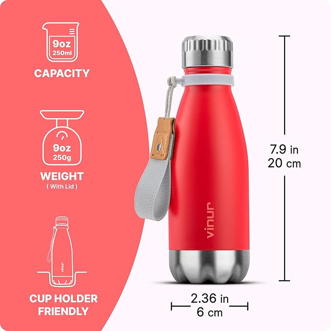 VINUR Kids Water Bottle-9 oz Stainless Steel Double Wall Vacuum Insulated Water Bottle for School-Cola Shape Flask with Carry Rope, Canyon Red