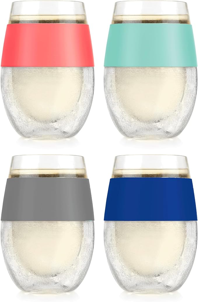 Host Wine Freeze Cooling Cups, Plastic Wine Glasses for Red and White Wines, Double Wall Insulated Freezable Drink Chilling Tumbler, Champagne Gifts for Women, 8.5 oz, Set of 4, Assorted Colors