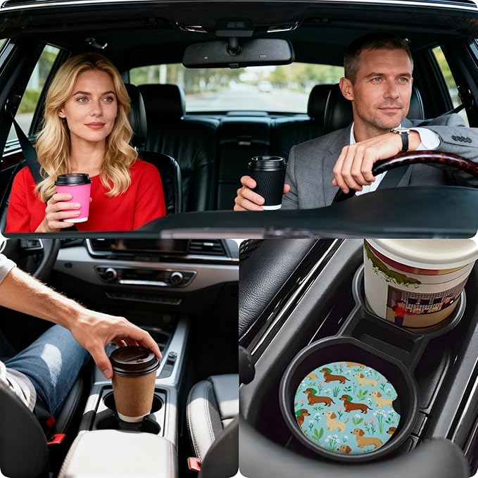 Car Cup Holder Coasters, 2 Pcs Ceramic Coasters with Finger Slot and Cork Back, Anti-Slip Shock Absorbing Women and Men Universal Car Accessories - Lovely Wiener Dog