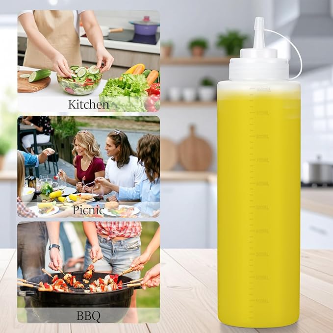 Katfort Condiment Squeeze Bottles Ketchup Dispenser, 4 Pack 32oz Squeeze Bottles for Liquids, Plastic Sauce Bottle with Cap Lid, Squirt Bottles for Sauces Liquids BBQ Dressing Pancake Art