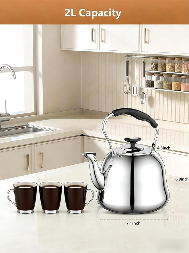 2L Whistling Stovetop Tea Kettle - Food Grade Stainless Steel Teapot with Fast Boil, Wide Mouth, Folding Handle, Ideal for Stove Top – Perfect for Tea, Coffee & Hot Water, Mirror Finished