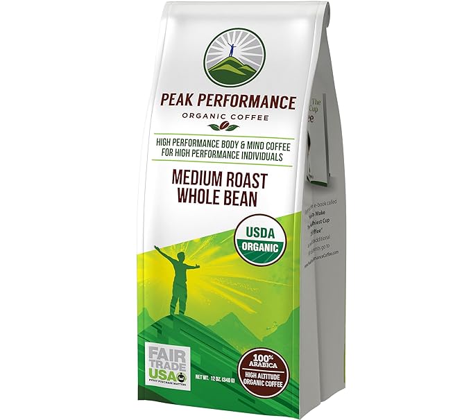 Peak Performance High Altitude Organic Coffee - Fair Trade, Low Acid, Non GMO, and Beans Full of Antioxidants - Medium Roast Smooth Tasting USDA Certified Organic Whole Bean Coffee Bag 12 oz
