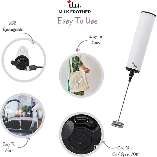 ilu Rechargeable Milk Frother | Drink Mixer | Coffee Frother Handheld with USB-C Charging, stainless steel body, foam, stirrer for Milk, Coffee, matcha, cappuccino, latte, egg (WHITE)