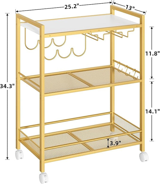 Bar Cart, Home Bar Serving Cart with 3-Tier Shelf,Microwave Cart with Lockable Wheels,Mobile Kitchen Shelf,Rolling Beverage Cart with Wine Rack and Glass Holder for Kitchen,Dinning Room,Gold