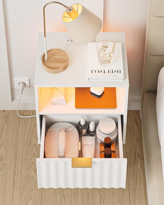 Nightstand with Charging Station and LED Lights, Modern White Bedside Table with Fluted Panel Drawer and Gold Legs, Side Table with USB Ports & Outlets for Bedroom, Living Room
