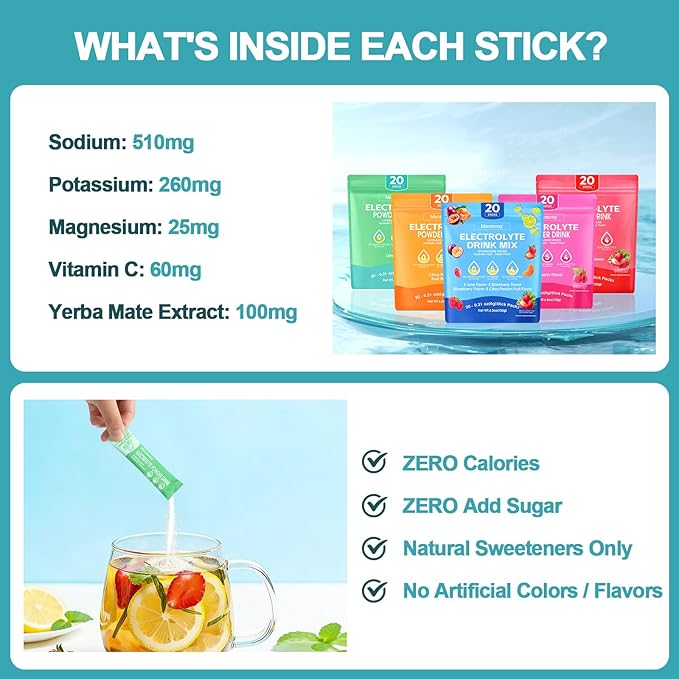 Electrolyte Powder Packets, Hydration Packets 20 Stick, Sugar Free Electrolytes for Rapid Recovery, Instant Electrolyte Powder Drink Mix with Yerba Mate Extract