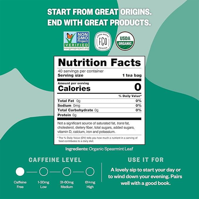 FGO Organic Spearmint Leaf Herbal Tea, 40 Count, Eco-Conscious Tea Bags, Caffeine Free, (Pack of 1)