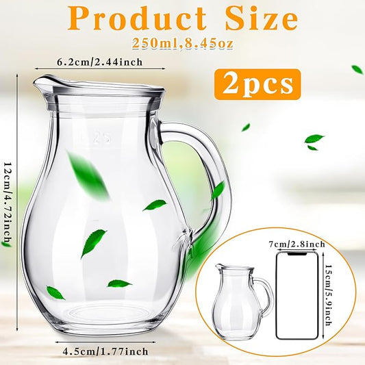 Leinuosen 2 Pcs Small Glass Creamer Pitcher with Spout Milk Frothing Pitcher Elegant Shaped Glass Coffee Tea Milk Creamer Jug Creative Milk Frother Cup (Elegant Style,250 ml)