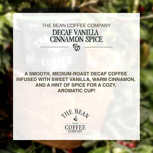 The Bean Organic Coffee Company Water Processed DECAF Vanilla Cinnamon Spice, Medium Roast, Ground Coffee, 5-Pound Bag, Café Molido Tostado Orgánico descafeinado