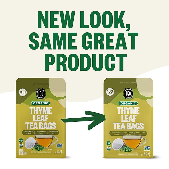 FGO Organic Thyme Leaf Tea, 100 Count, Eco-Conscious Tea Bags, Caffeine Free, Resealable Bag, Packaging May Vary (Pack of 1)