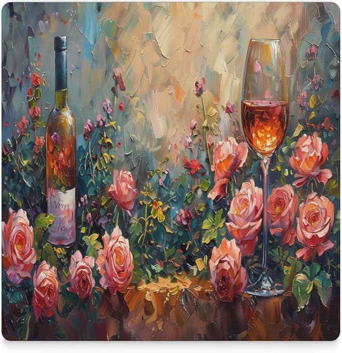 6PCS Red Wine Drink Coasters, Square Modern Ceramic Absorbent Coasters, Oil Painting Style Red Wine Grapes Floral Rose Flower Decor Desk Coffee Table Coaster for Beverage Cup Tea Coasters